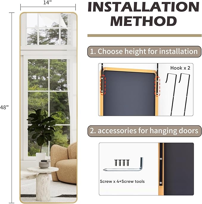 Full Length Door Mirror 14x48, Metal Frame with Protective Film, No-Drilling Hanging or Wall Mount (Horizontal/Vertical), Hooks & Hardware Included, Full Body Mirror for Bedroom, Dorm, Gold