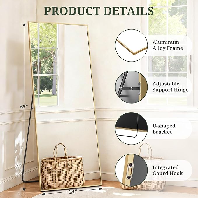 Mirror Full Length 65"x24" Full Body Floor Mirror with Stand, Shatterproof Glass, Aluminum Alloy Frame, Free Standing Wall Mounted or Leaning Rectangle Mirrors for Bedroom Living Room Entryway