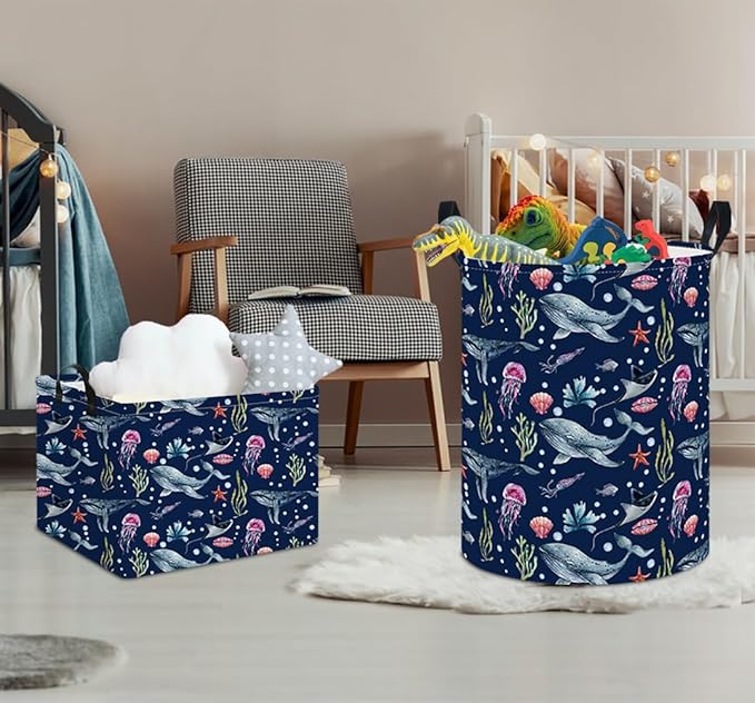 NTAOHAMPER Laundry Hamper, Laundry Basket, Nursery Hamper, Waterproof Storage Bin, Clothes Organizer Basket, Room Decor(Watercolor Ocean)
