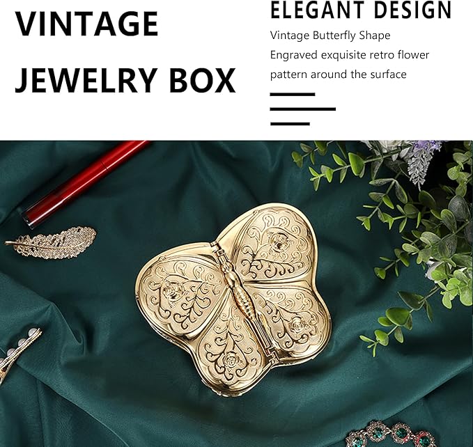 Hipiwe Jewelry Box Vintage Treasure Chest Butterfly Shape Decorative Keepsake Holder for Necklace Ring Earrings Storage Organizer Gift for Woman, Large