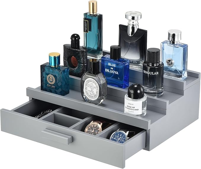 Perfume Organizer for Men, 3 Tier Wood Perfume Display Stand with Velvet Lining Drawer and Hidden Compartment for Watch,Jewelry,Perfume Display Risers,A Gift for Men (Gray)