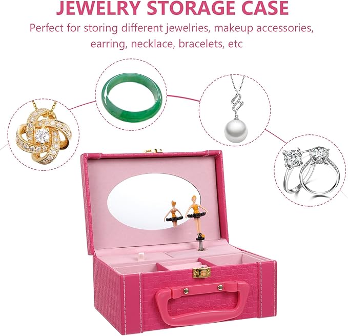 Ipetboom Princess Jewelry Box with Music Function, Pink Jewelry Storage Case and Makeup Organizer, Pu Leather Display Box for Women