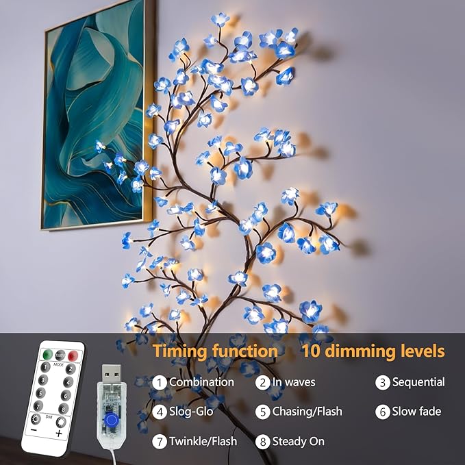 FNHMSL Cherry Enchanted Willow Vine Lights, 7.55FT 144LED Blue Cherry Blossom Tree Branch Lights for Wall, Remote Timer,8 Light Model,Bedroom Wall Doors Wedding, Christmas, USB Battery Box