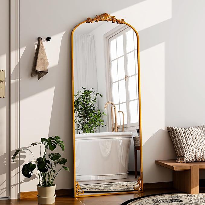 GLSLAND 56"x21" Vintage Full Length Mirror - Carved Arched Floor Standing Mirror, Baroque Full Body Mirrors for Bedroom Living Room Entryway, Gold Frame