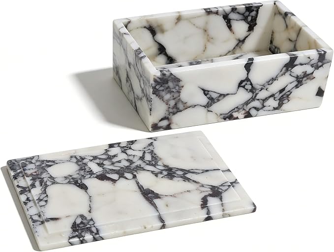 Luxury Marble Storage Box with Lid, White and Purple Veined Pattern, Decorative Organizer for Makeup Brushes, Jewelry, Bathroom Accessories (Rectangle)