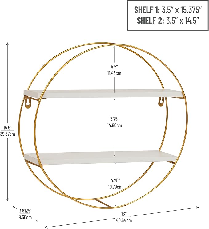 Mind Reader Floating Round Wall Shelves, Gold Metal Frame with Dual White Display Shelves, Decorative Wall-Mounted Organizer for Living Room, Office, or Bathroom, Metal. MDF, White