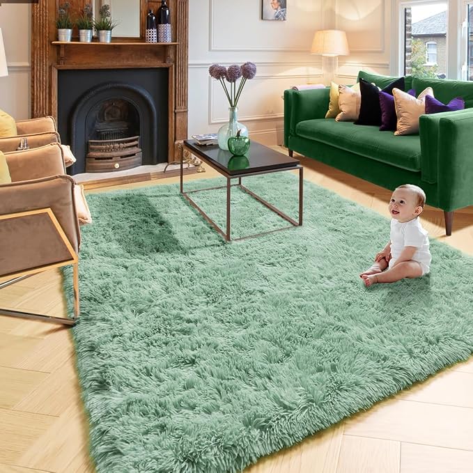 Amdrebio Sage Green Area Rugs for Living Room Bedroom Aesthetic, Fluffy Furry Rug 6x9 for Nursery, Teen Boys, Baby Kids Room Decor, Cute Shaggy Carpet for Playroom Dorm, Fuzzy Plush Light Mint Rug
