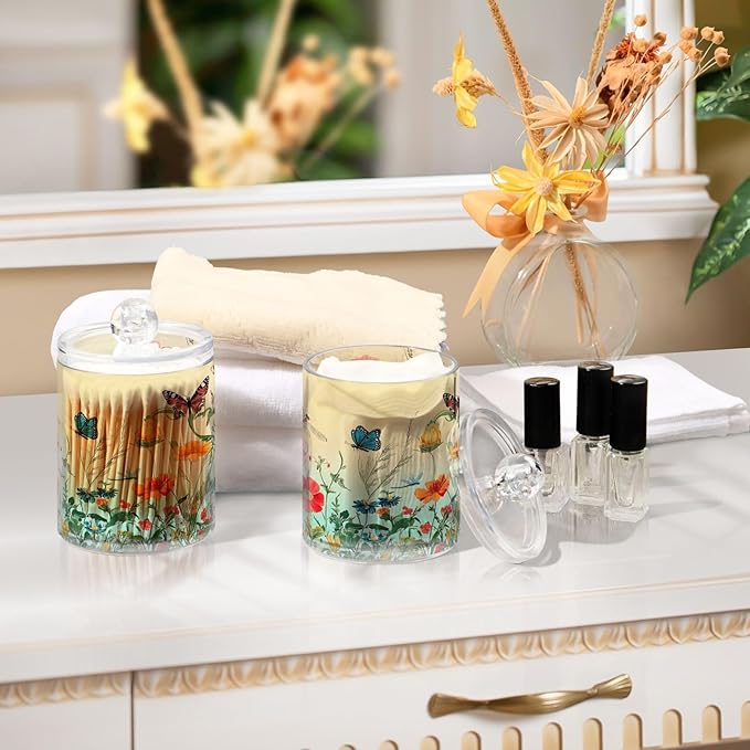 2 Pack Qtip Holder Dispenser for Cotton Ball Dragonfly Butterfly Tulip Flower Swab Round Pads Clear Plastic Acrylic Jar Set Bathroom Canister