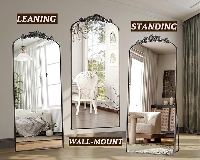 Dewfig Arched Full Length Mirror, 71"x32" Full Body Mirrors with Carved, Floor Mirror for HomeDecor, Standing/Halling Large Wall Mirror for Bedroom, Living Room, Cloakroom, Black, Retro Style