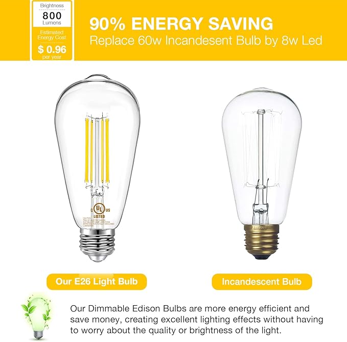 DAYBETTER 8 Pack Vintage LED Edison Bulbs, E26 Led Bulb 60W Equivalent, Dimmable Led Light Bulbs, High Brightness 800 LM Neutral White 4000K, ST58 Antique Filament Bulbs, Clear Glass Style for Home