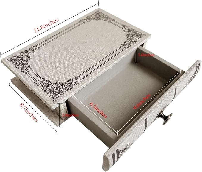 Vintage Book Storage Box with Drawer, Natural Linen-Textured Cover with Classic Frame Pattern, Hidden Organizer for Jewelry, Keepsakes or Desktop Use 11.8″ x 8.7″ x 2.4″