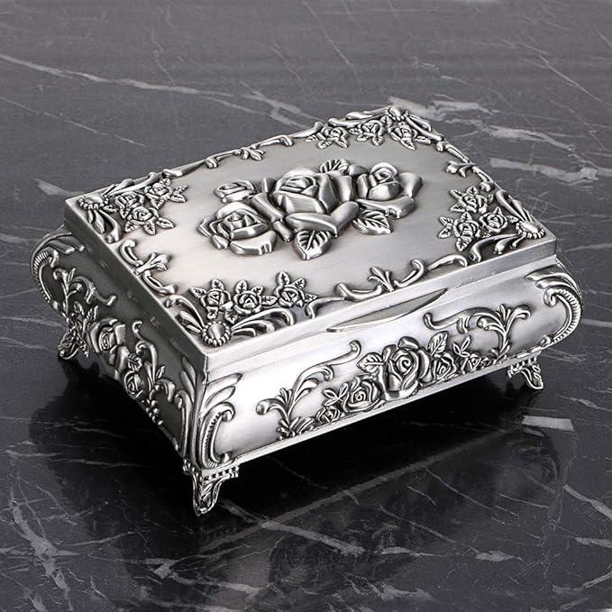 Hipiwe Vintage Metal Jewelry Box Small Trinket Jewelry Storage box For Rings Earrings Necklace Treasure Chest Organizer Antique jewelry Keepsake gift Box Case for Women (Medium)