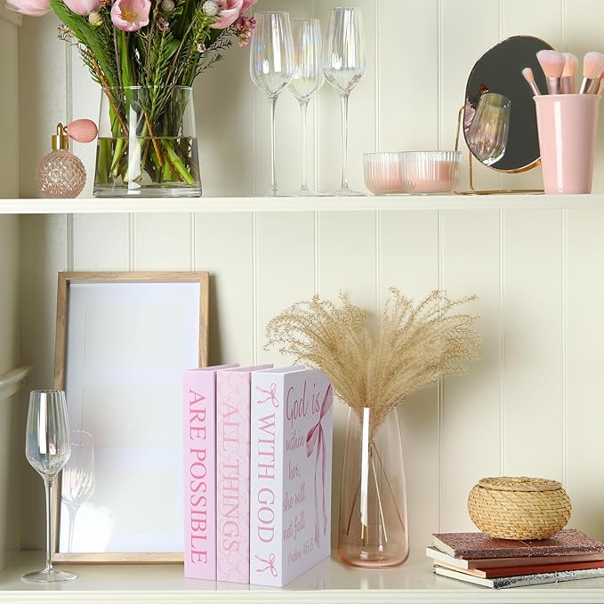 Beeveer 3 Pcs Pink Bow Decorative Books with Bible Verses for Coquette Room Decor Christian Preppy Fake Books with God All Things Are Possible Magnetic Storage Box for Girly Bookshelf School Christmas