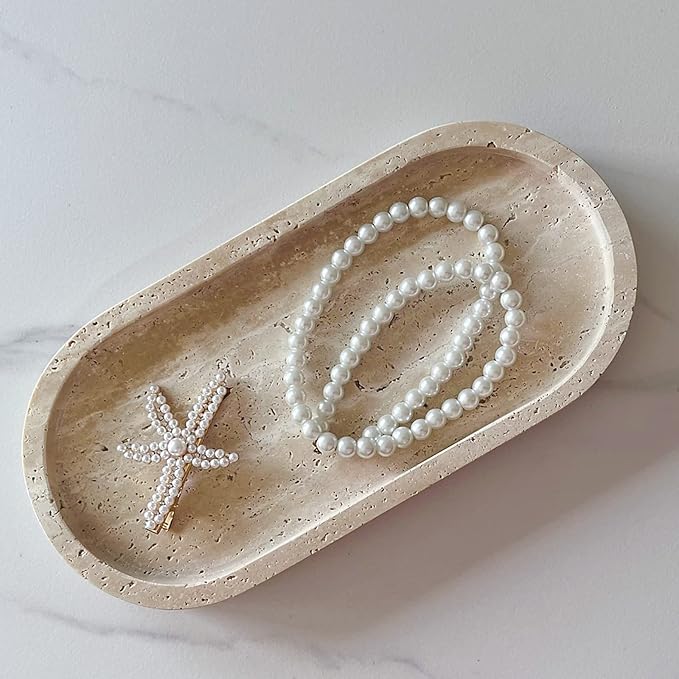 Natural Marble Oval Tray Ornaments Vintage Small Tray Storage Dish for Counter, Vanity, Dresser, Nightstand and Desk (Beige Travertine)