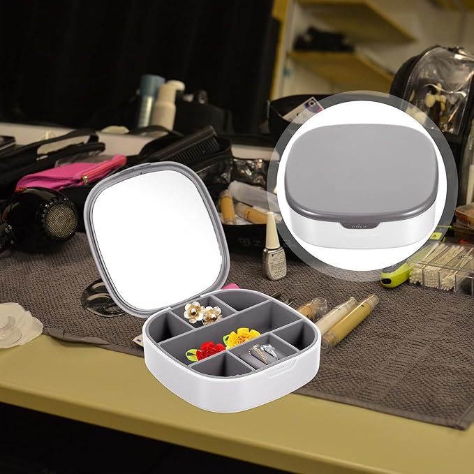 Baluue Travel Jewelry Box Organizer with Mirror, Portable Necklace Ring Earring Storage Case, Gray White Jewelry Display and Makeup Organizer for Outdoor Use