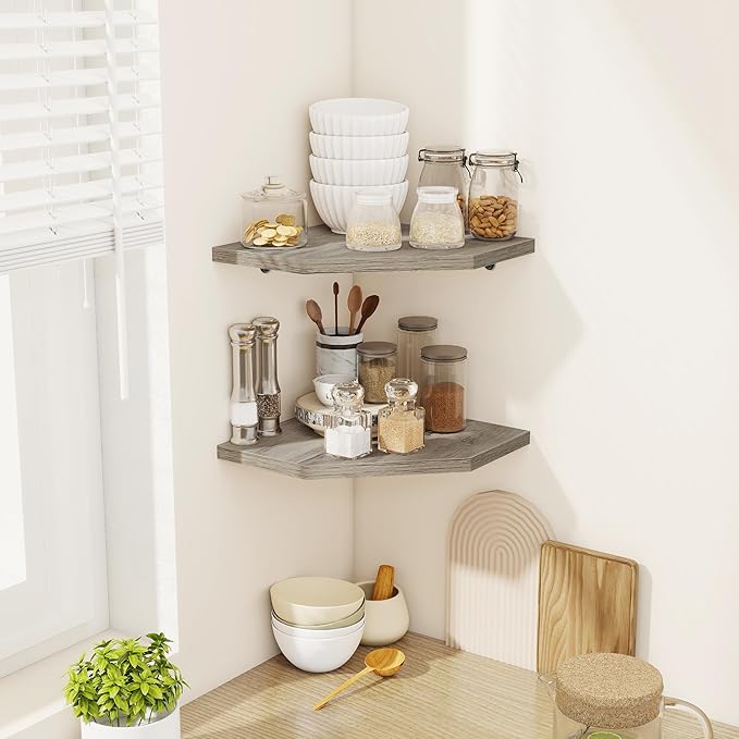 Corner Shelves 4-Pack for Bathroom & Kitchen, Space-Saving Floating Corner Wall Shelf with Easy Installation- Grey