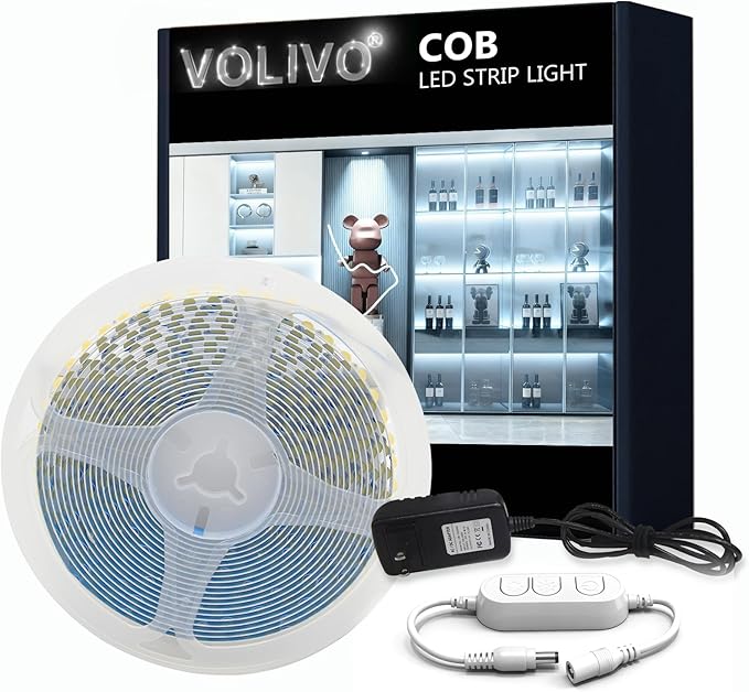 VOLIVO COB LED Strip Lights 20ft, 6500K White LED Lights Strip Daylight White, Strong Adhesive, Flexible Tape Light for Mirror, Kitchen Cabinets, Bedroom