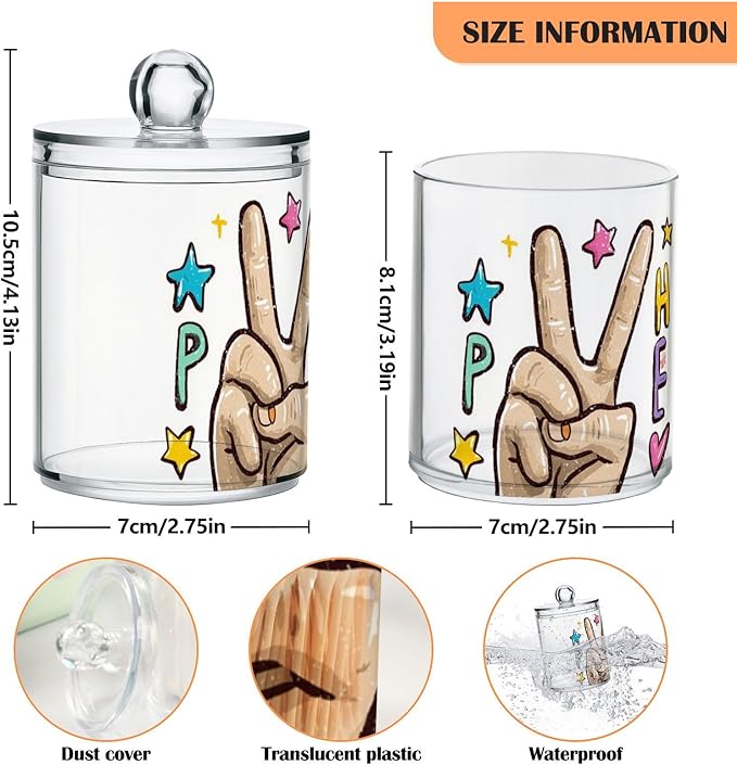 2 Pack Apothecary Jars Peace Love Yard Bathroom Vanity Storage Organizer Set,Small Clear Plastic Storage Jars Bathroom Canister for Cotton Swabs, Rounds, Balls, Qtips,Makeup Sponges, Flossers,B