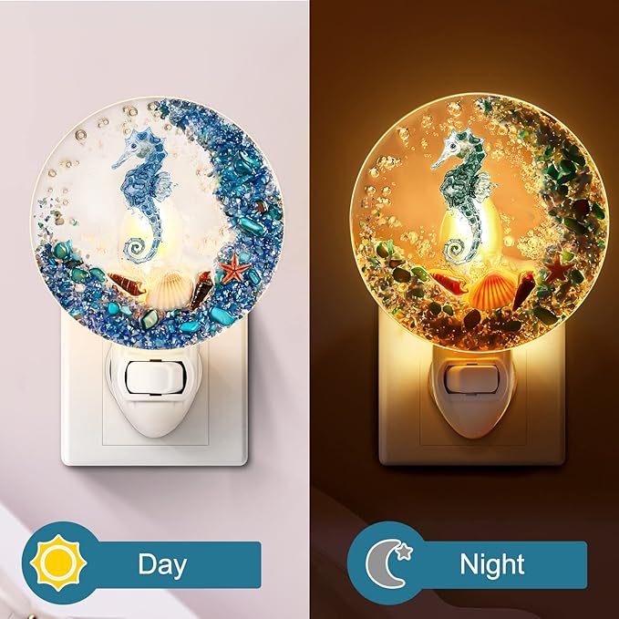 Hortsun Plug in Seashell Night Light Ocean Sea Animal Decorative Night Light Plug in Beach Lamps Vintage Ocean Lamps for Adult for Home Bedroom Living Room Bathroom Wall(Sea Horse)