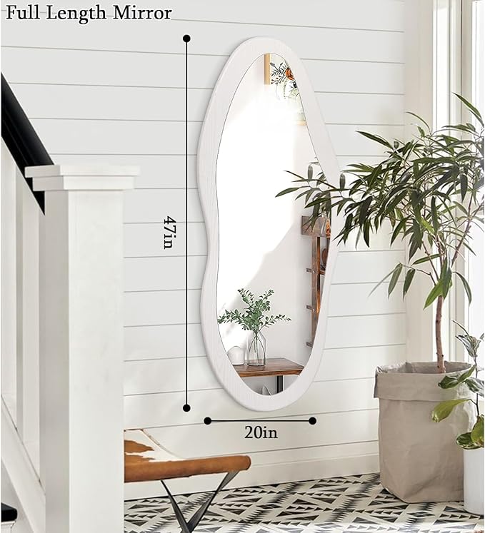 AAZZKANG Irregular Full Length Mirror Wooden Asymmetrical Wall Mirrors Modern Large for Bedroom Dressing Room Living Room Entryway White 47"x20"