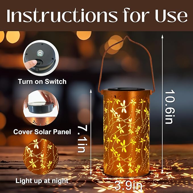 DIBIEECN Mothers Day Gifts for Mom, Birthday Gifts Grandma Ladies Solar Lanterns Outdoor Hanging Hollowed-Out Metal Waterproof LED Garden Decor Outside for Patio Yard Porch, Dragonfly, 2Pack