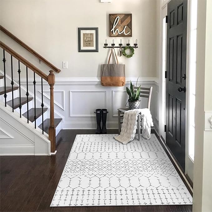 Lahome Moroccan Washable Living Room Rug 3x5 Area Rugs for Bedroom Throw Non-Slip Low-Pile Entryway Rug Bathroom Rugs Soft White Distressed Indoor Capet for Office Kitchen Laundry Dining Room Hana
