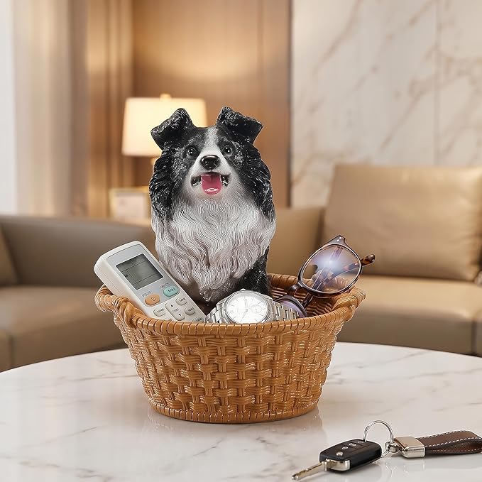 Dog Resin Storage Basket, Desktop Organizer for Remote & Keys, Cute Home Decor Tray, Ideal present for Pet Lovers.(Border Collie)