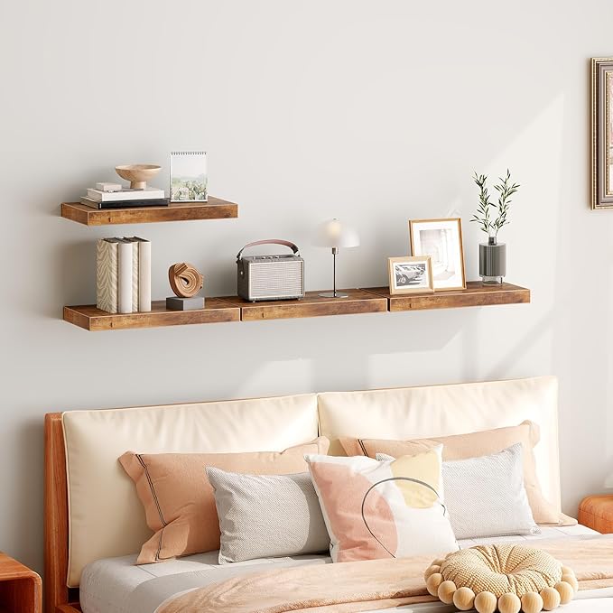 RALGEND Floating Shelves for Wall, 1.5" Thick Wall Shelf Set of 4 with Invisible Brackets, 15.7L x 7.9W Hanging Shelves Farmhouse Home Decor for Bathroom, Living Room, Bedroom, Rustic Brown 4301BJP4BF