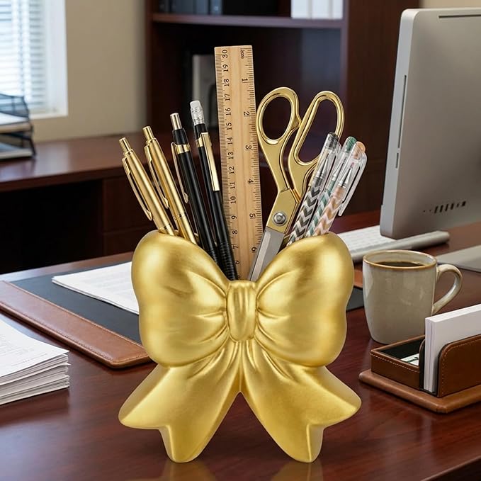 Jingmore Gold Bow Vase Coquette Ceramic Vase Pen Holder Makeup Brush Holder Contemporary Design Women Decorative Gift for Wedding Home Office Shelf Table Room(Small, Classic)