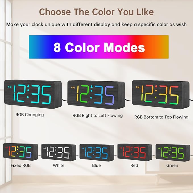 DreamSky Wooden Digital Clock for Bedroom Desk - RGB Loud Alarm Clock for Heavy Sleepers with Volume Control, Large Numbers with Dimmer for Living Room Office, Wood Decor (Plug in Clock)