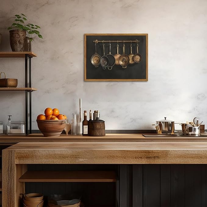 Framed Vintage Kitchen Canvas Wall Art, Farmhouse Pans Pictures Wall Decor Prints, Rustic Hanging Pots Paintings Poster Antique Home Decor Artwork for Dining Room Living Room 16×24 inch
