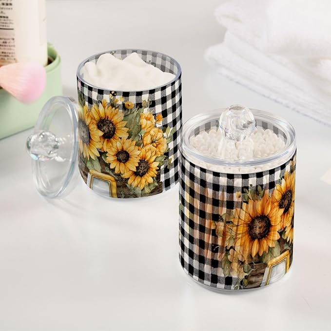 2 Pack Apothecary Jars Yellow Truck with Sunflowers Bathroom Vanity Storage Organizer Set,Small Clear Plastic Storage Jars Bathroom Canister for Cotton Swabs, Rounds, Balls, Qtips,Makeup Sponge