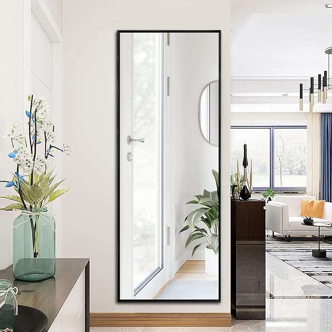 NeuType Full Length Mirror, 59"x16" Full Body Mirror with Stand Floor Mirror Full Length Standing Mirror Wall-Mounted Mirror Hanging or Leaning Against Wall Aluminum Alloy Thin Frame (Black)