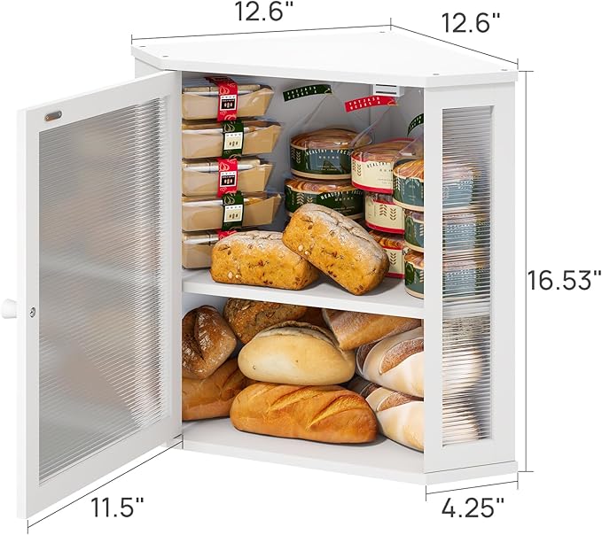 viewcare Corner Bread Box for Kitchen Counter, Bamboo Wood Large Capacity Bread Storage Bin with Acrylic Wavy Door Panel (White, Extra Large)