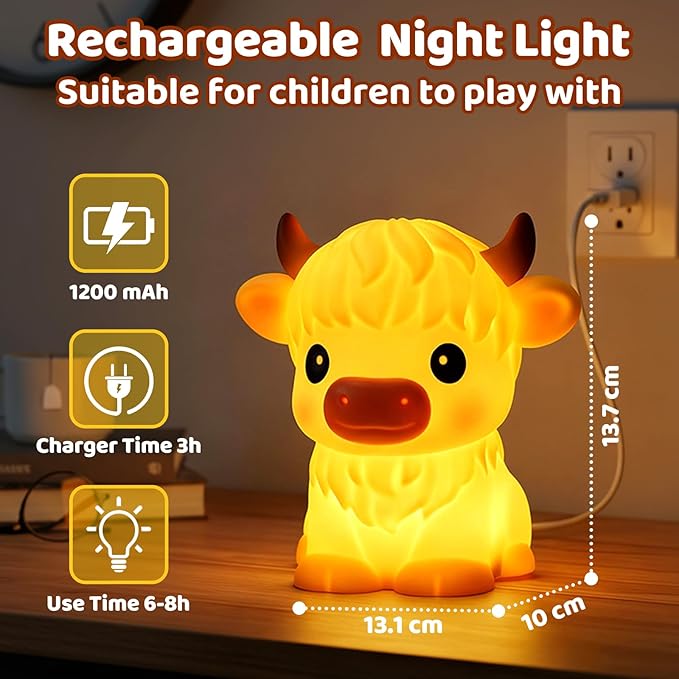 BPA-Free Silicone丨Huggwaii Highland Cow Night Light for Kids, Dimmable Squishy Night Light Touch Cow Lamp, Highland Cow Gifts for Nursery, 30 Auto-Off Timer, Cute Room Decor for Boys Girls Women