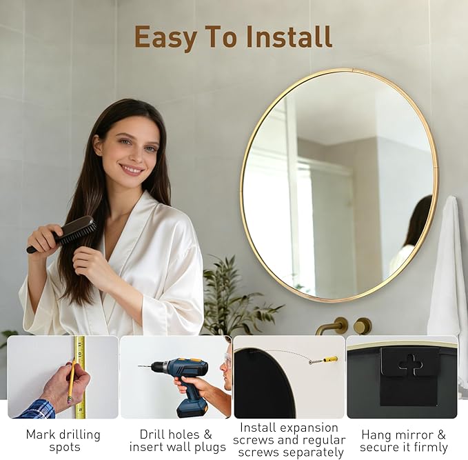NEWBULIG Gold Round Wall Mirror 24 Inch, Bathroom Mirrors for Over Sink, Wall Decor for Bathroom, Entryway, Bedroom, Vanity