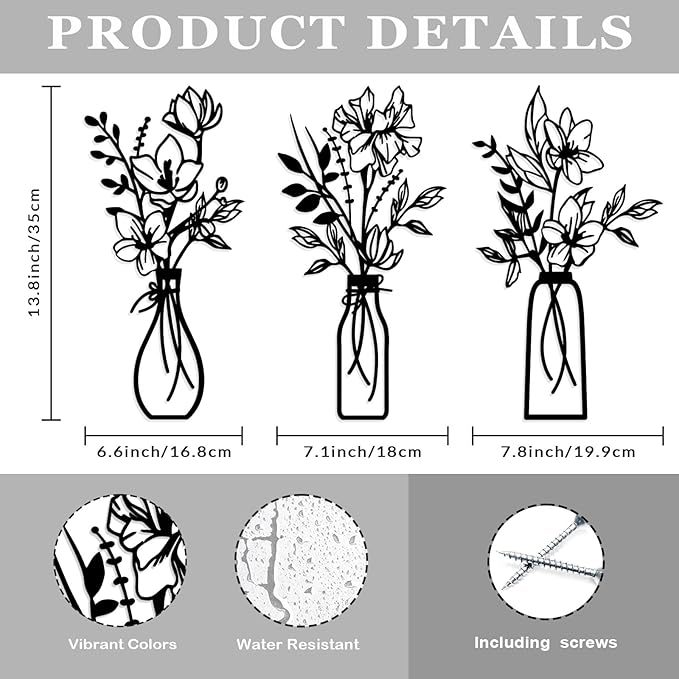 ARTINME 3 Pieces Metal Flowers Wall Arts - Rustic Farmhouse Decor Minimalist Flower Wall Decors for Living room Bathroom Kitchen Bedroom Dining Room - Housewarming Gifts (Black)