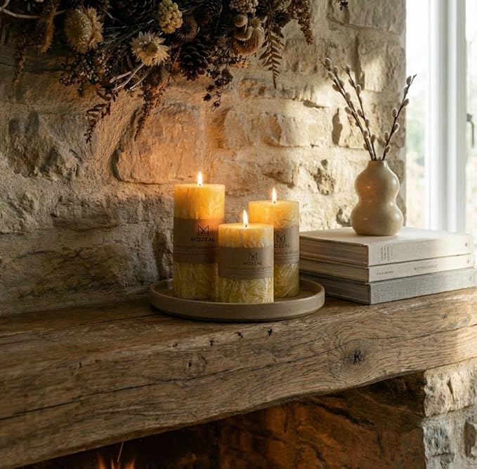 MOZEAL Hand-Poured, Unscented Yellow Crystal Pillar Decorative Candles, Elegant Set of 3 in Different Sizes (3"x4", 3"x5", 3"x6"), Luxurious Décor for Spring Homes & Events