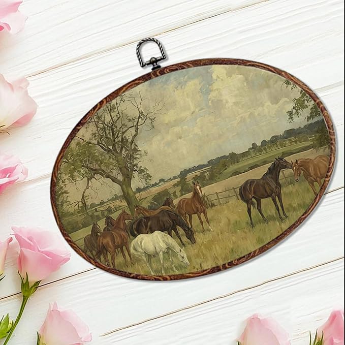 Vintage Horse Oval Framed Wall Art, Nature Landscape Picture Canvas Art Painting Wall Decor, Rustic Cottagecore Hanging Decor Print Artwork for Home Bathroom Living Room Bedroom Farmhouse 12X8.3