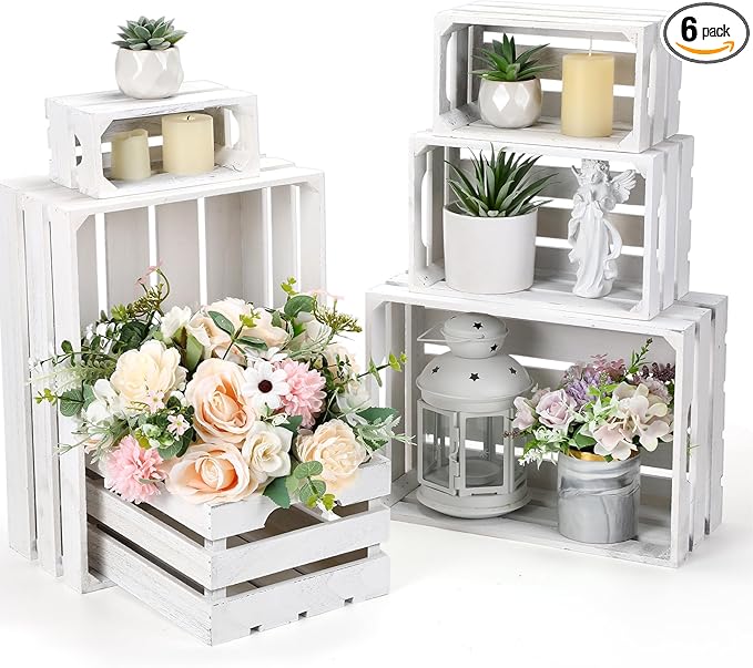 CroBlissful 6 Pcs Decorative Wood Crates for Storage Display Rustic Nesting Crates with Handle Farmhouse Wooden Storage Container Boxes for Wedding Baby Shower Birthday Party(Vintage White)