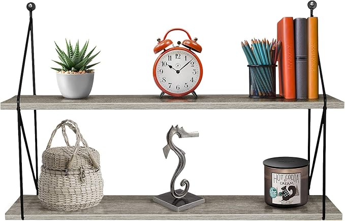 Sorbus® Floating Shelf with Metal Brackets — Wall Mounted Rustic Wood Wall Storage, Decorative Hanging Display for Trophy, Photo Frames, Collectibles, and Much More (2-Tier – Grey)
