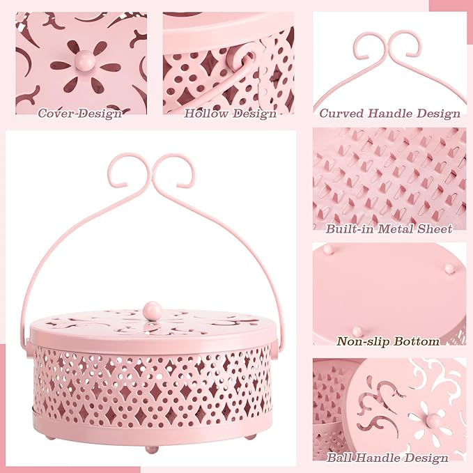 Lallisa 2 Pieces Incense Coil Holder Mosquito Coil Holder Retro Portable Round Metal Hanging Incense Burner Holders with Handle for Home Indoor Outdoor Camping Patio (Pink)