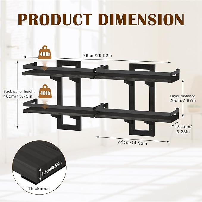 Floating Shelves for Wall, 2-Tier Wood Hanging Decor Storage Shelves, Wall Mounted Floating Shelf for Living Room, Bedroom, Bathroom,Kitchen, Office, Study (2-Pack Black)