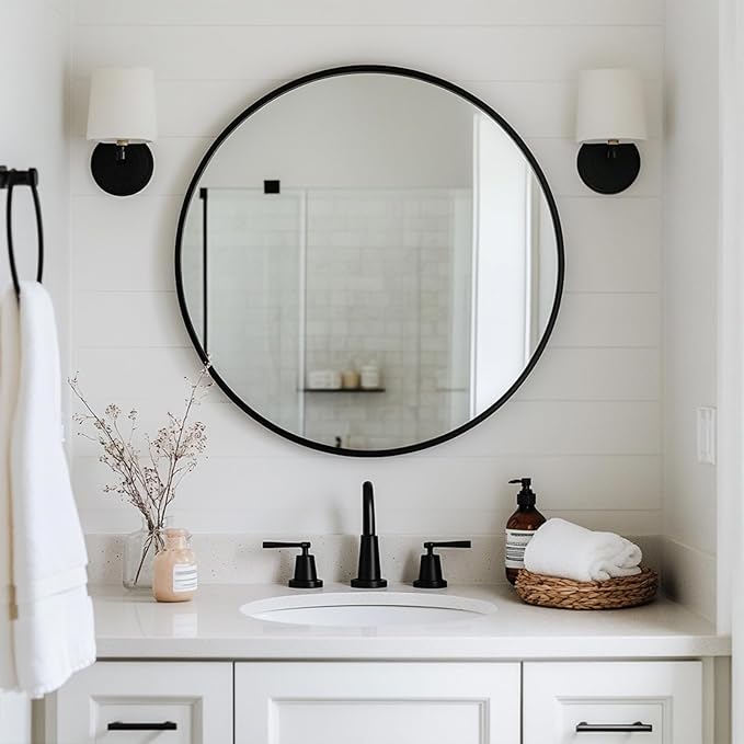 Oruii Round Mirror, Black Round Mirror 22 inch, Circle Wall Mounted Mirrors for Bathroom, Living Room, Bedroom, Vanity, Entryway, Hallway, Over Sink