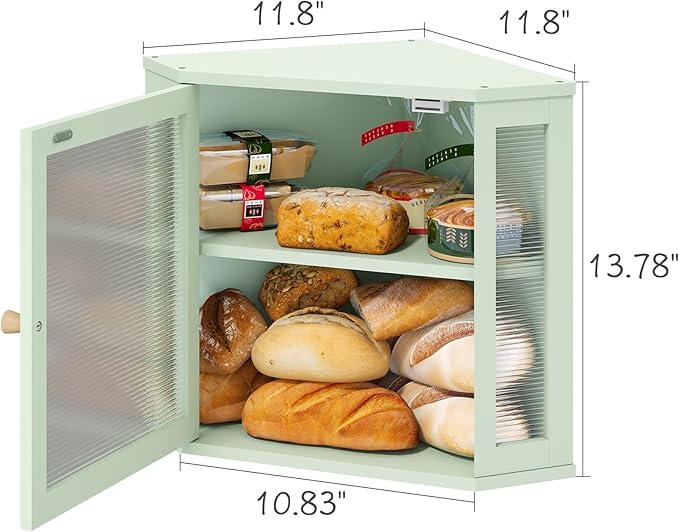 viewcare Corner Bread Box for Kitchen Countertop, Bamboo Wood Large Capacity Bread Storage Bin with Acrylic Wavy Door Panel, Green