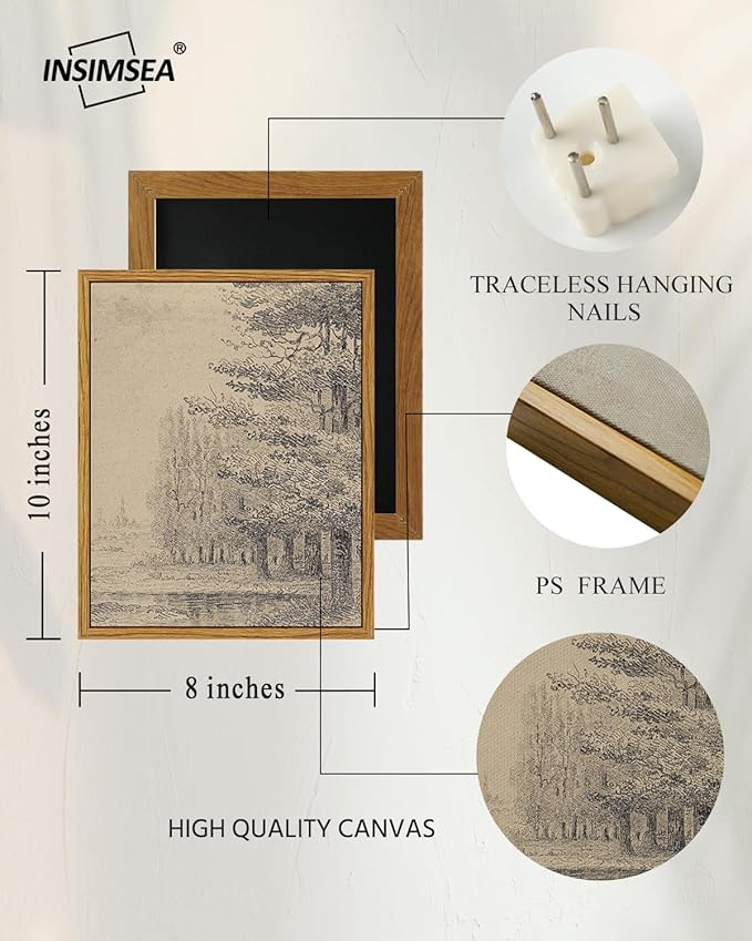 InSimSea Framed Canvas Wall Art, Vintage Sketch Landscape Painting, Rustic Nature Scenery Decor for Living Room Shelf Hallway,10x8in, Beige Tones