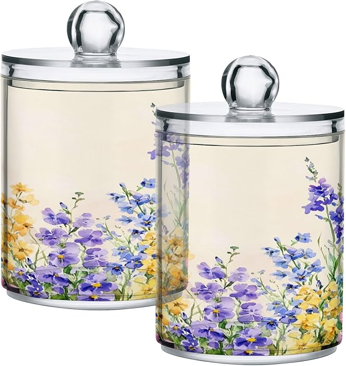 Nander 4Pack Beautiful Wildflowers Qtip Holder Dispenser -Clear Plastic Apothecary Jars Set - Restroom Bathroom Makeup Organizers Containers for Cotton Swab, Ball, Pads, Floss