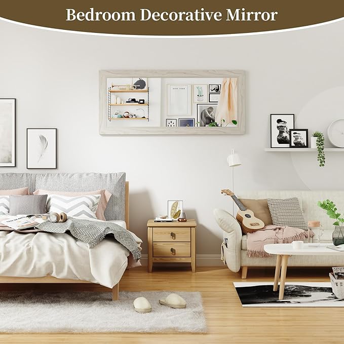 Syndra Modern Full Length Mirror Wood Frame, 56x20'' Large Floor Mirror with HD Tempered Glass & Wall Mount Option, Rectangular Standing Mirror for Bedroom, Living Room, Entryway, Farmhouse(White Oak)