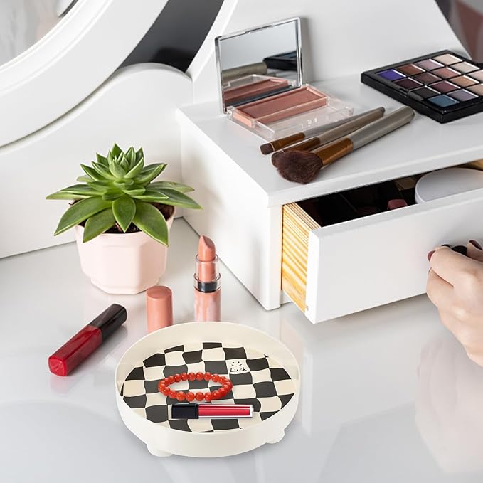 COHEALI Black and White Checkered Jewelry Holder Tray Large Decorative Storage Dish Perfume and Makeup Organizer for Vanity Table and Desktop Décor