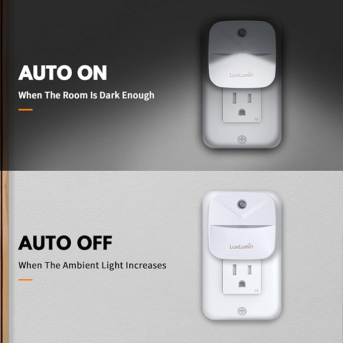 LuxLumin LED Night Lights Plug into Wall with Dusk-to-Dawn Sensor, Automatically Turn on and Off,Night Light for Kids,Bedroom,Bathroom,Stairs, White, 6 Packs